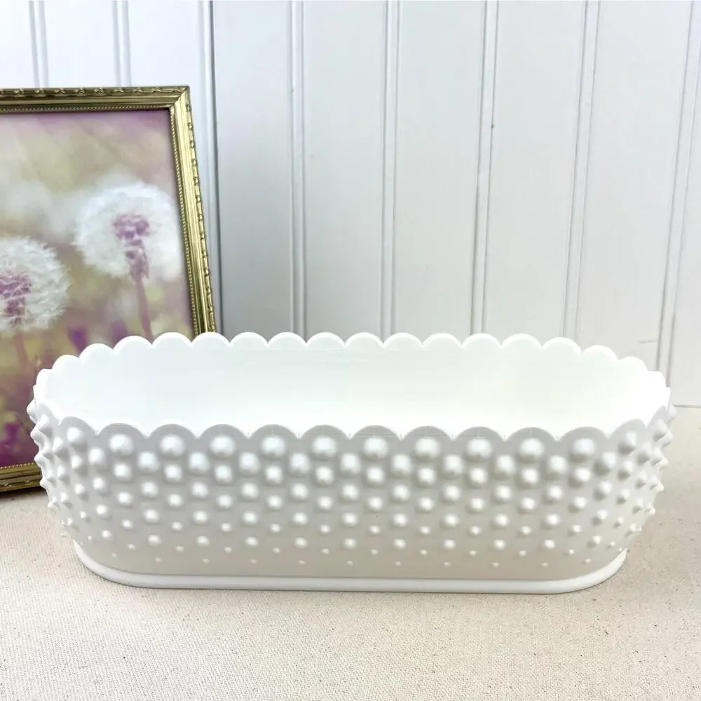 White Hobnail Bowl, Oblong Bowl, Decorative Bowl with Scalloped Edge